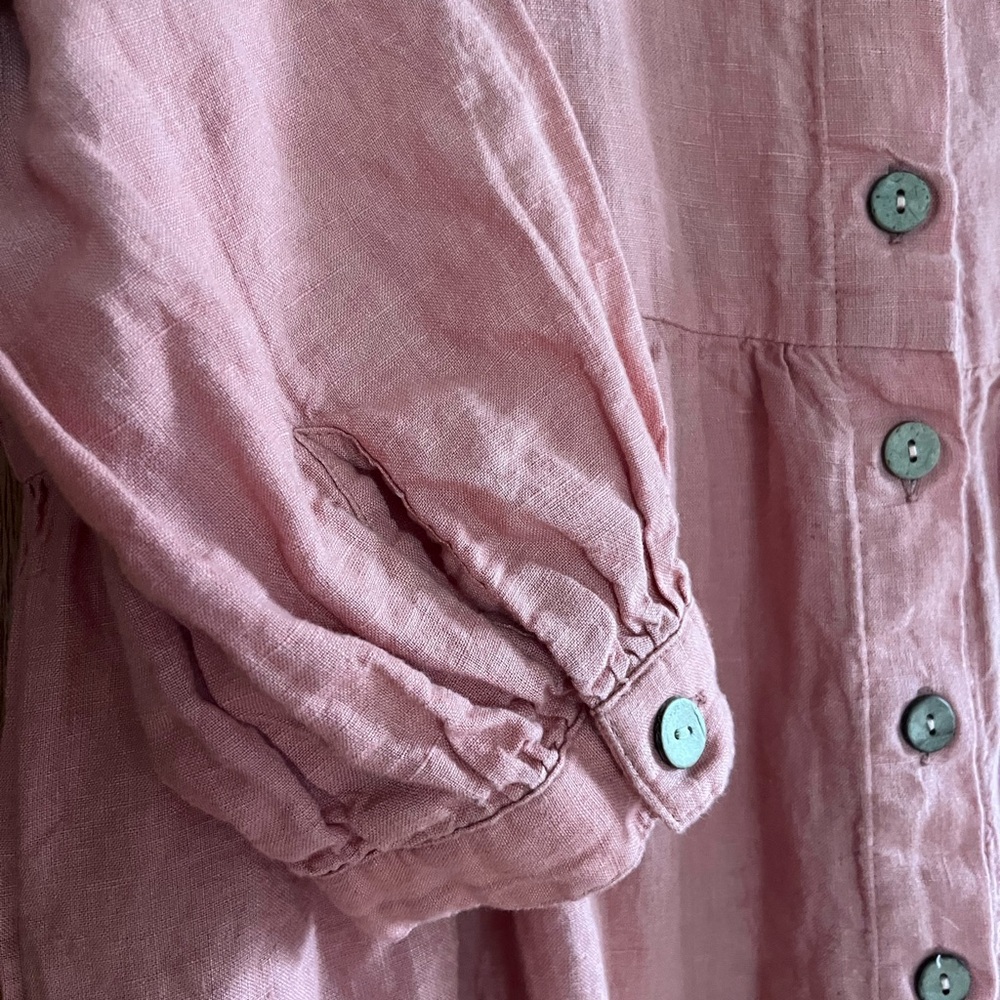 Handmade Tiered Linen Dress with Squared Neckline, Salmon/Peach, XL - Picture 5 of 9
